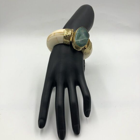 Vintage Ivory Bangle Women's Bracelet Pin Closure Large Moss Agate AS IS - Picture 4 of 13